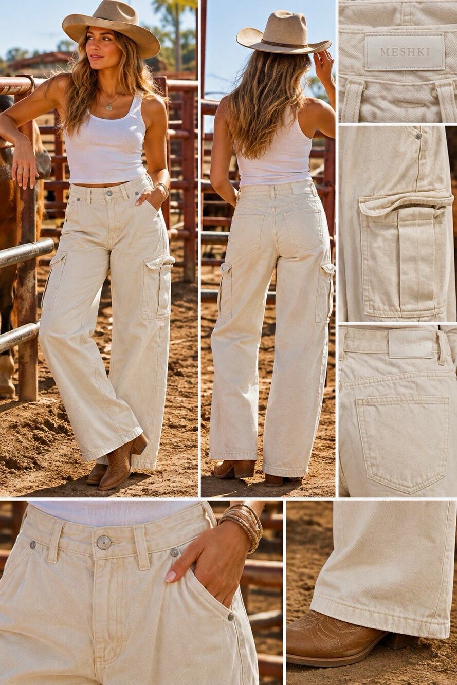 MESHKI Y2K Women’s Beige Light Wash High-Rise Wide-Leg Denim Cargo Jeans Size 8